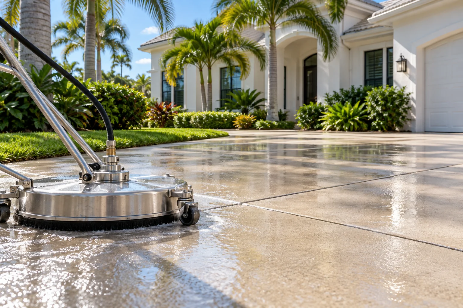 Service illustration of a rotary surface cleaner on a Florida driveway