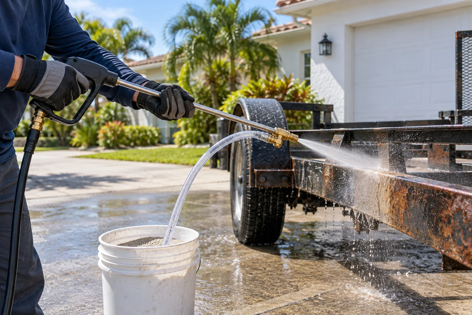 AI service illustration of a pressure washer with a wet abrasive attachment cleaning a trailer frame